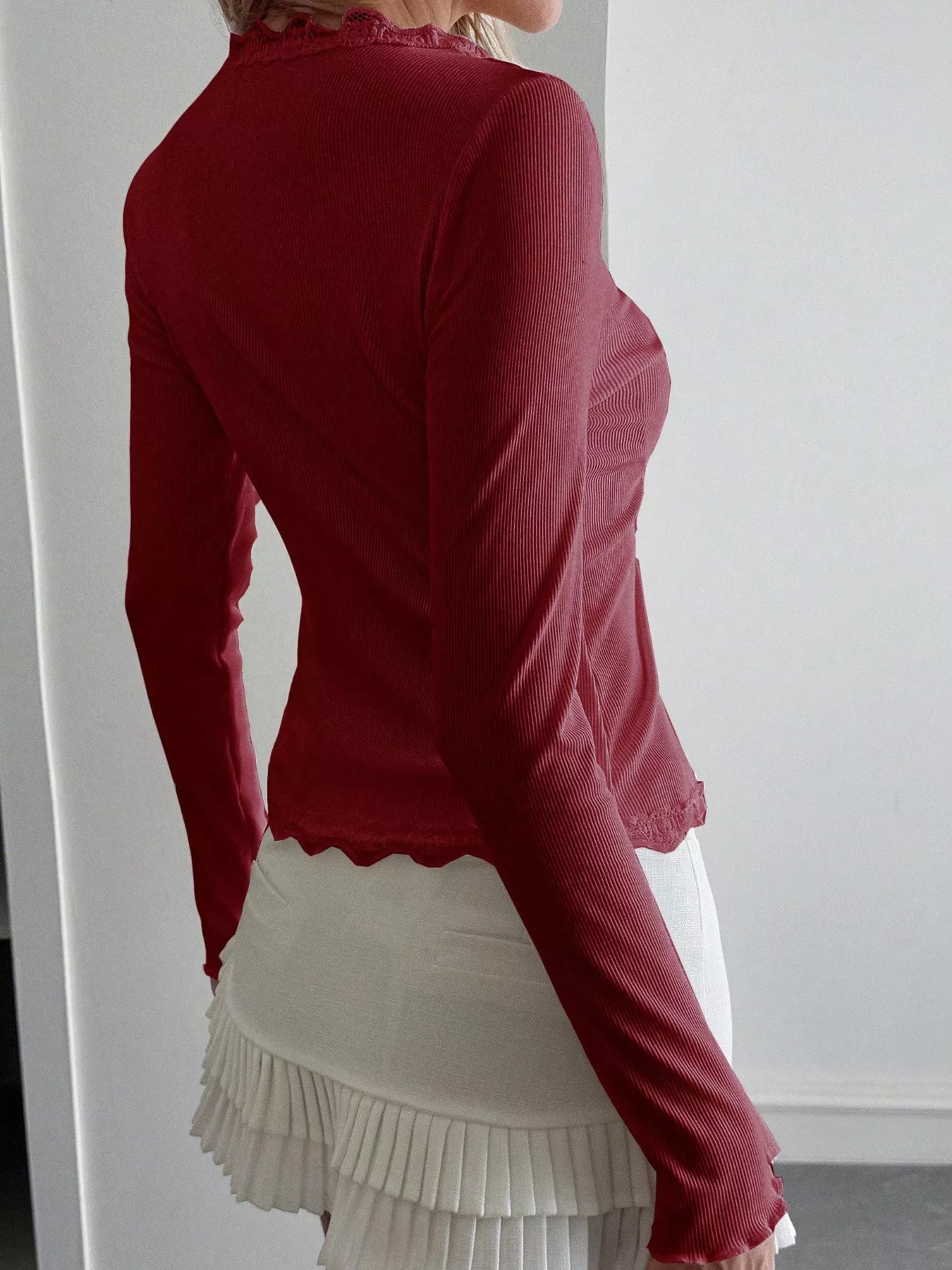 White Lace Trim Long Sleeve Ribbed Buttoned Top