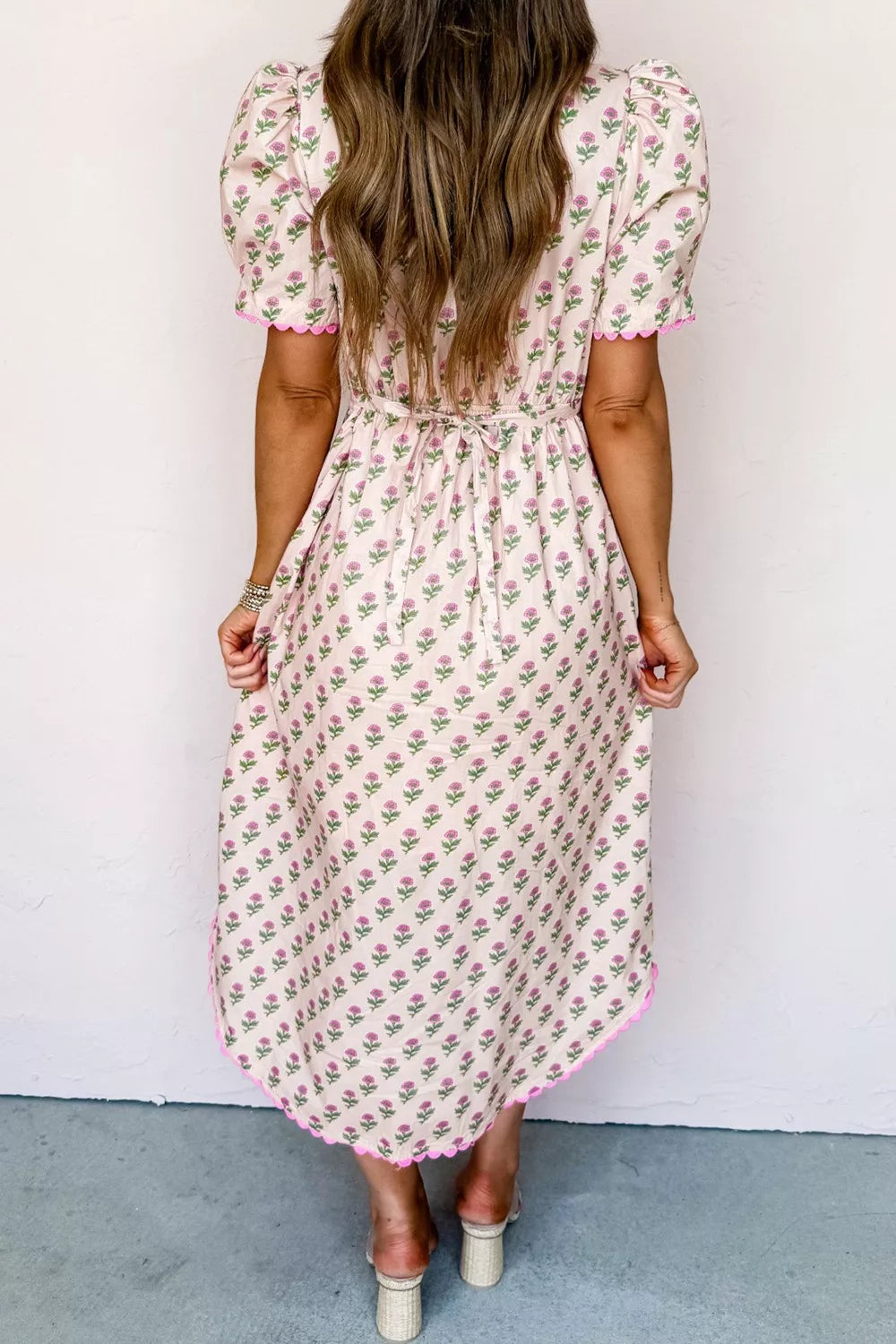 Floral Print Button Front Midi Dress with Scallop Trim Details
