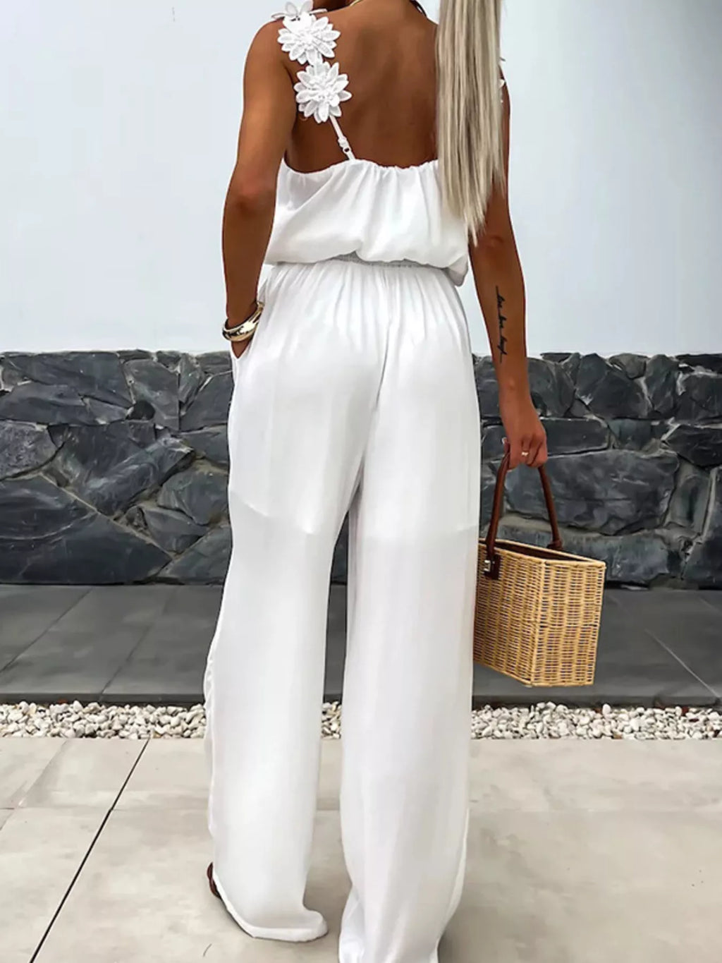 Red Floral Applique V-Neck Sleeveless Wide Leg Jumpsuit