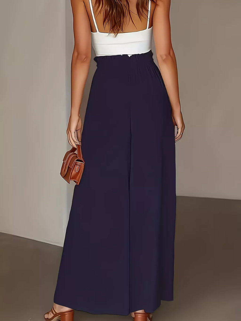 Beige High-Waisted Wide-Leg Pants with Button Detail