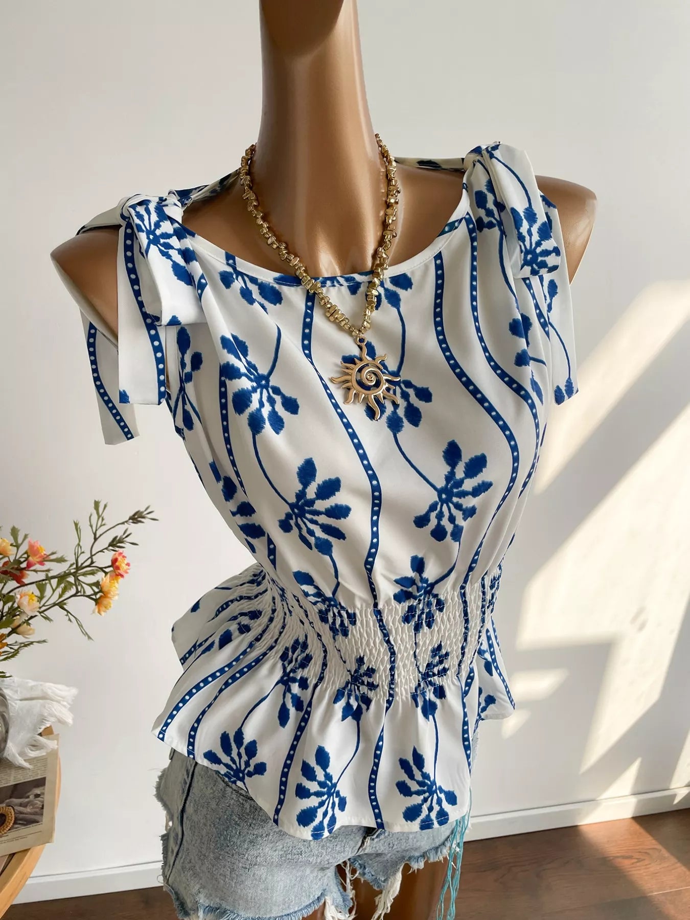 Women's Smocked Tie Shoulder Blouse with Style