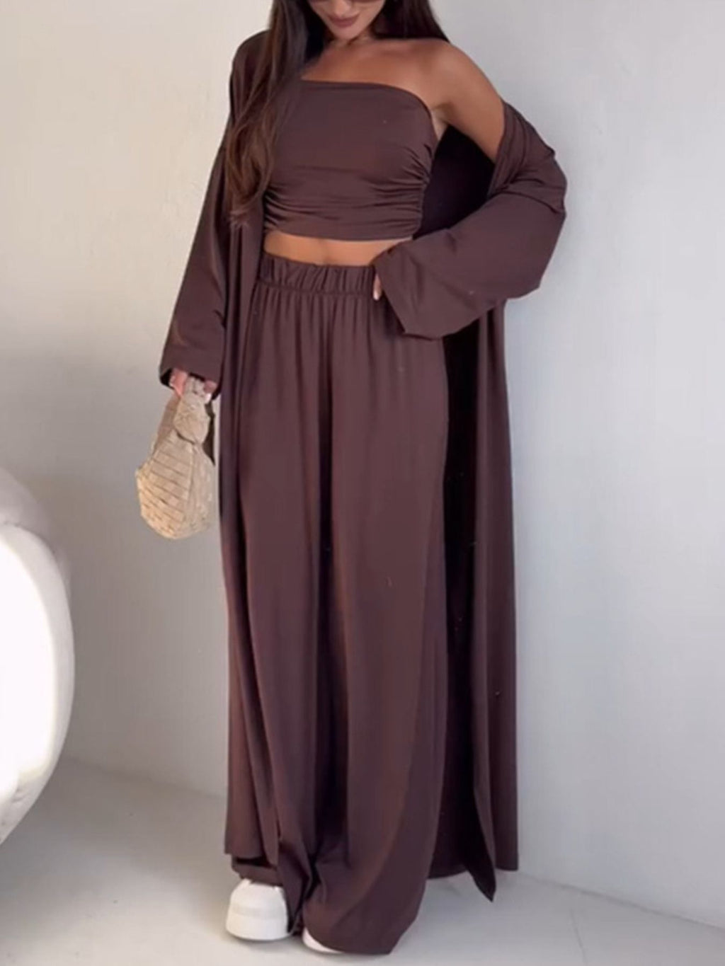 Women Three Piece Tube Top Cardigan and Wide Leg Pants Set
