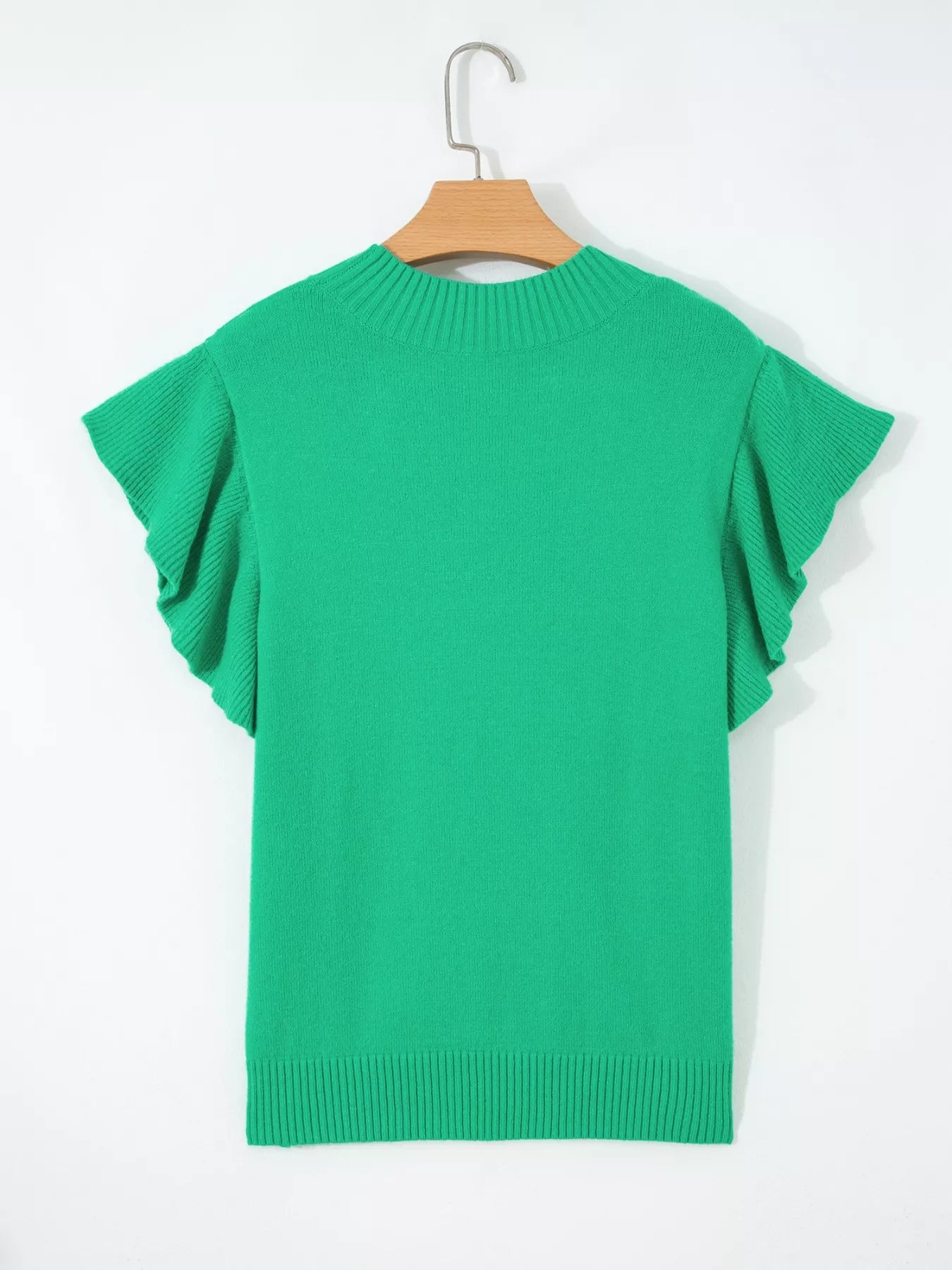 Blue Ribbed Knit Short Sleeve Sweater with Ruffle Trim