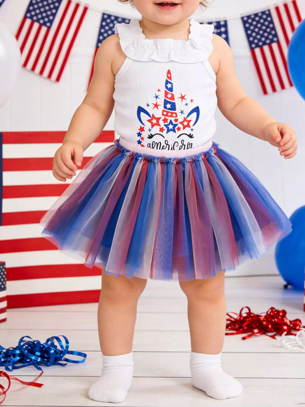 Toddler Girls Patriotic Unicorn Tutu Dress Red White and Blue