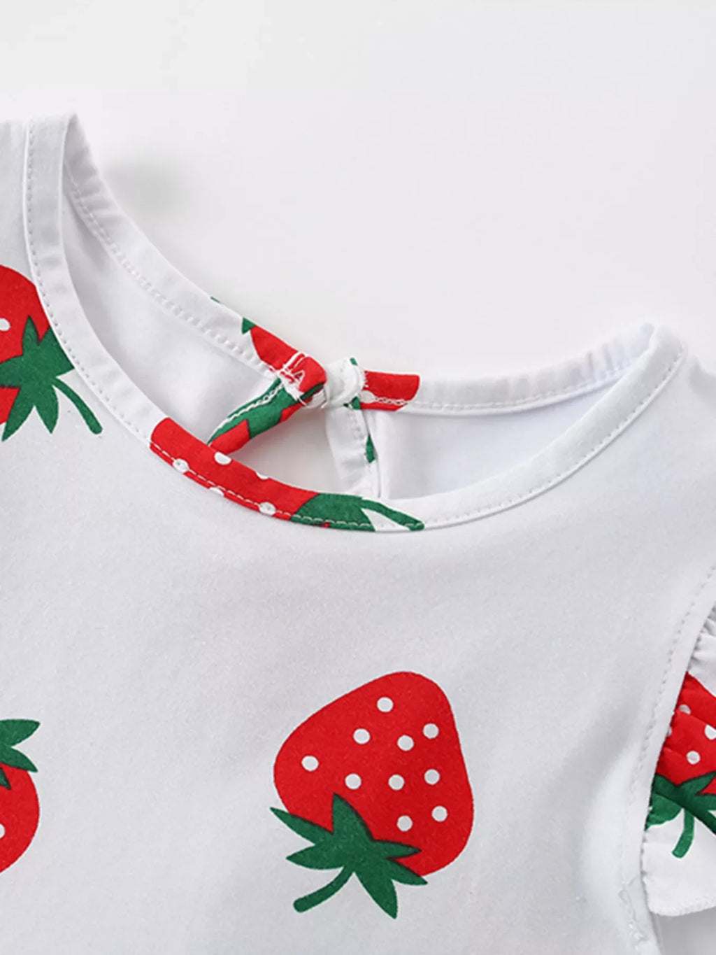 White Strawberry Print Ruffle Sleeve A-Line Dress