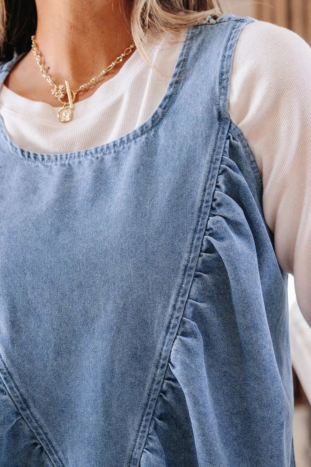 Blue Denim Pleated Patchwork Sleeveless Top for Casual Wear