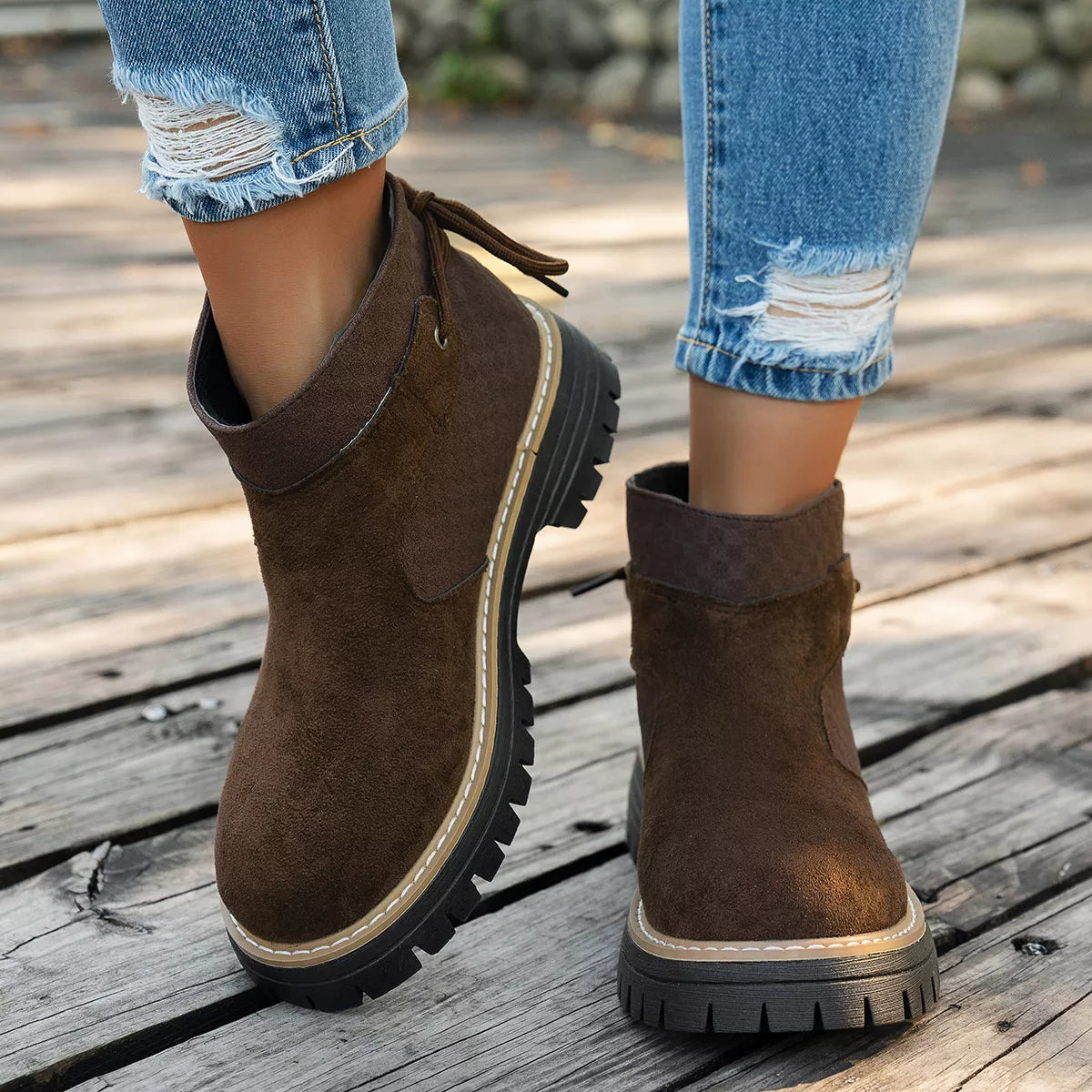 Women's Black Round Toe Platform Suede Boots with Check Detail