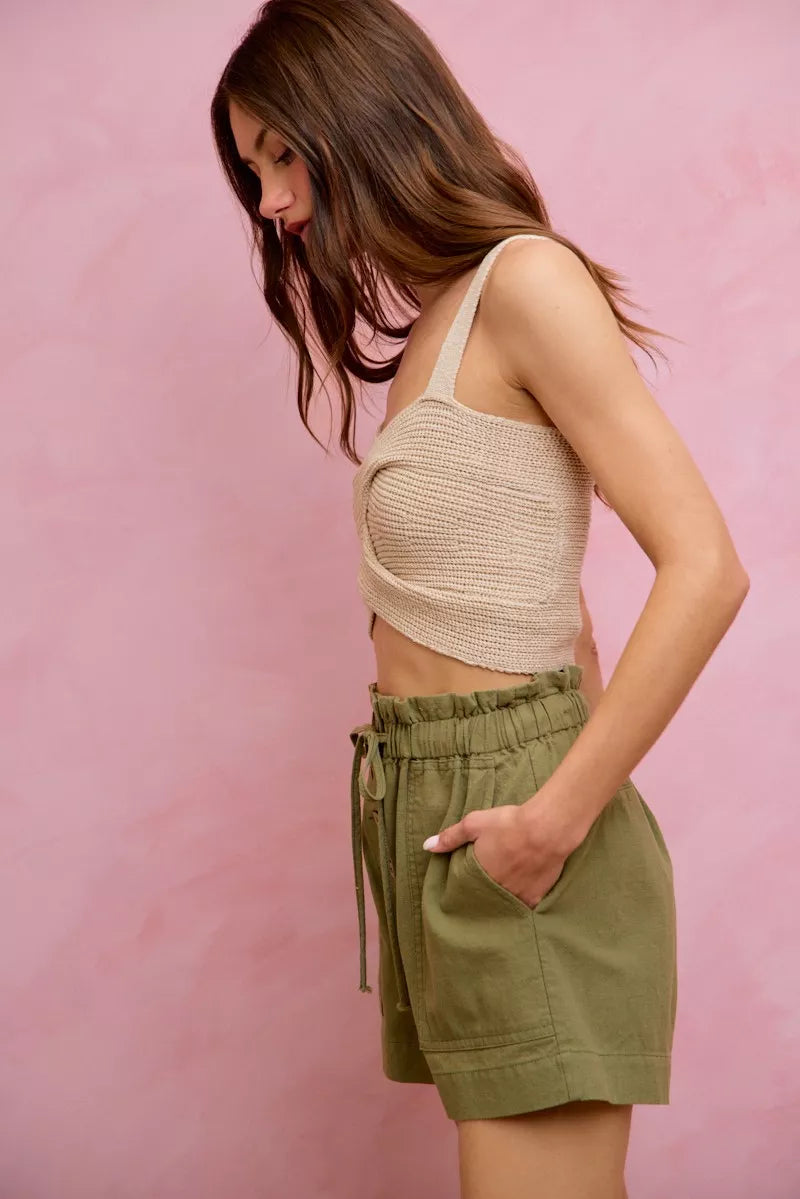 Women's Paper Bag Twill Shorts with Drawstring