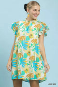 Jade Mix Ruffled Botanical Mini Dress with Flutter Sleeves