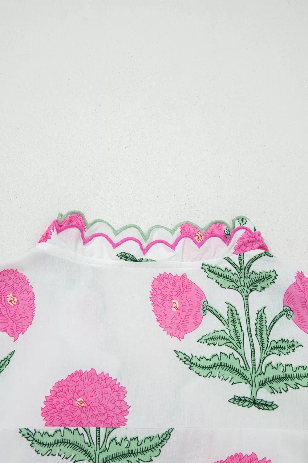Floral Scallop Trim V Neck Blouse White Pink Green