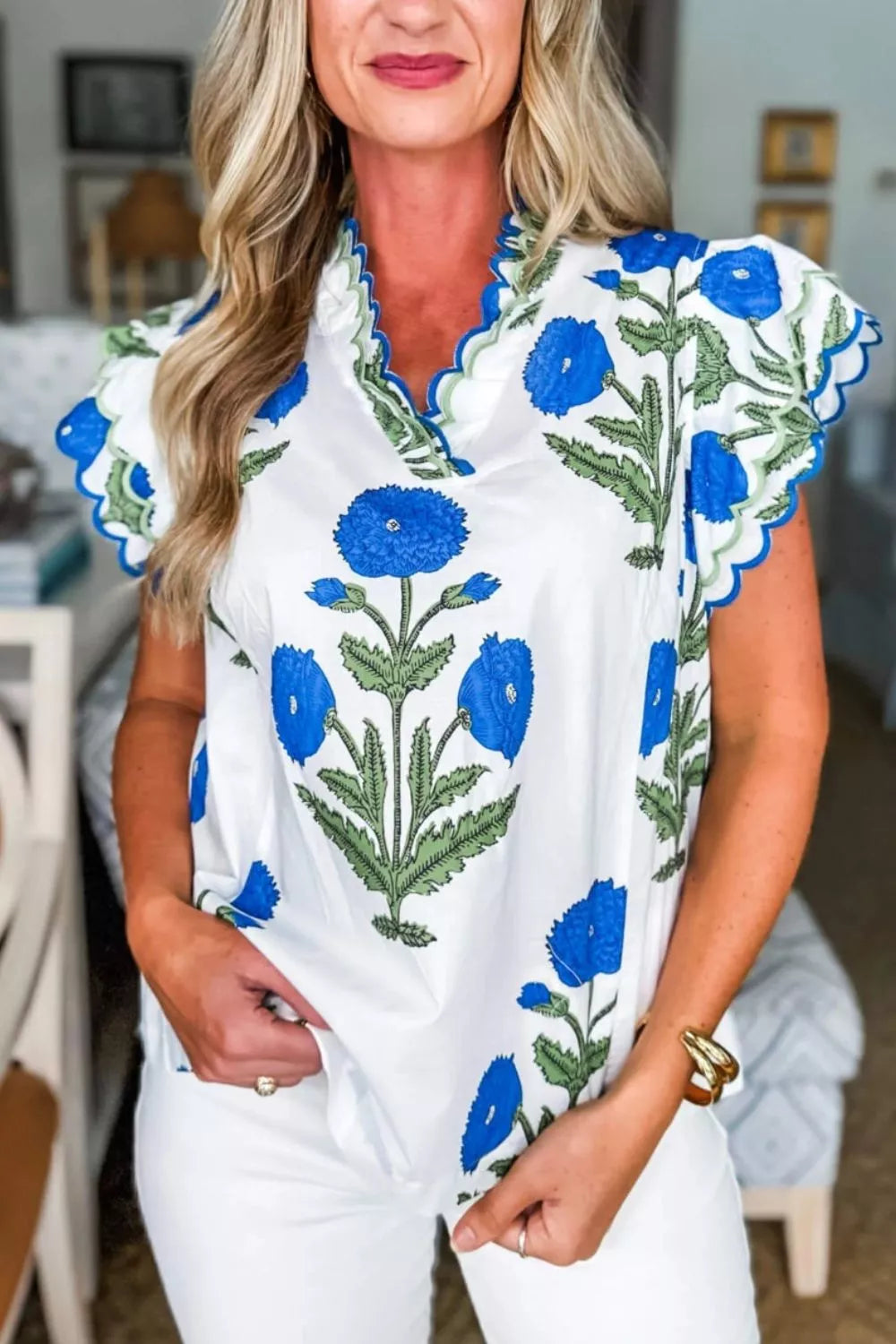 Floral Scallop Trim V Neck Blouse White Pink Green