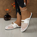 White Mesh Round Toe Slip-On Flats Sandals with Gold Buckle
