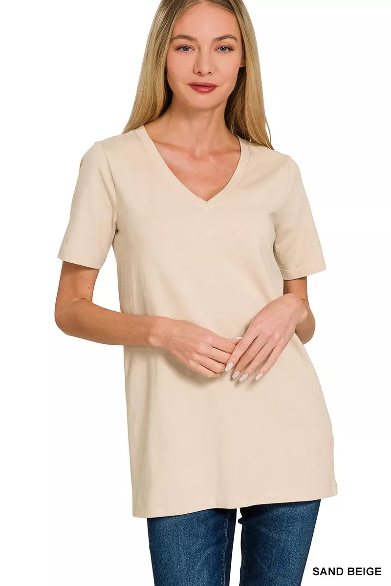 Women's Short Sleeve V-Neck T-Shirt in Sand Beige