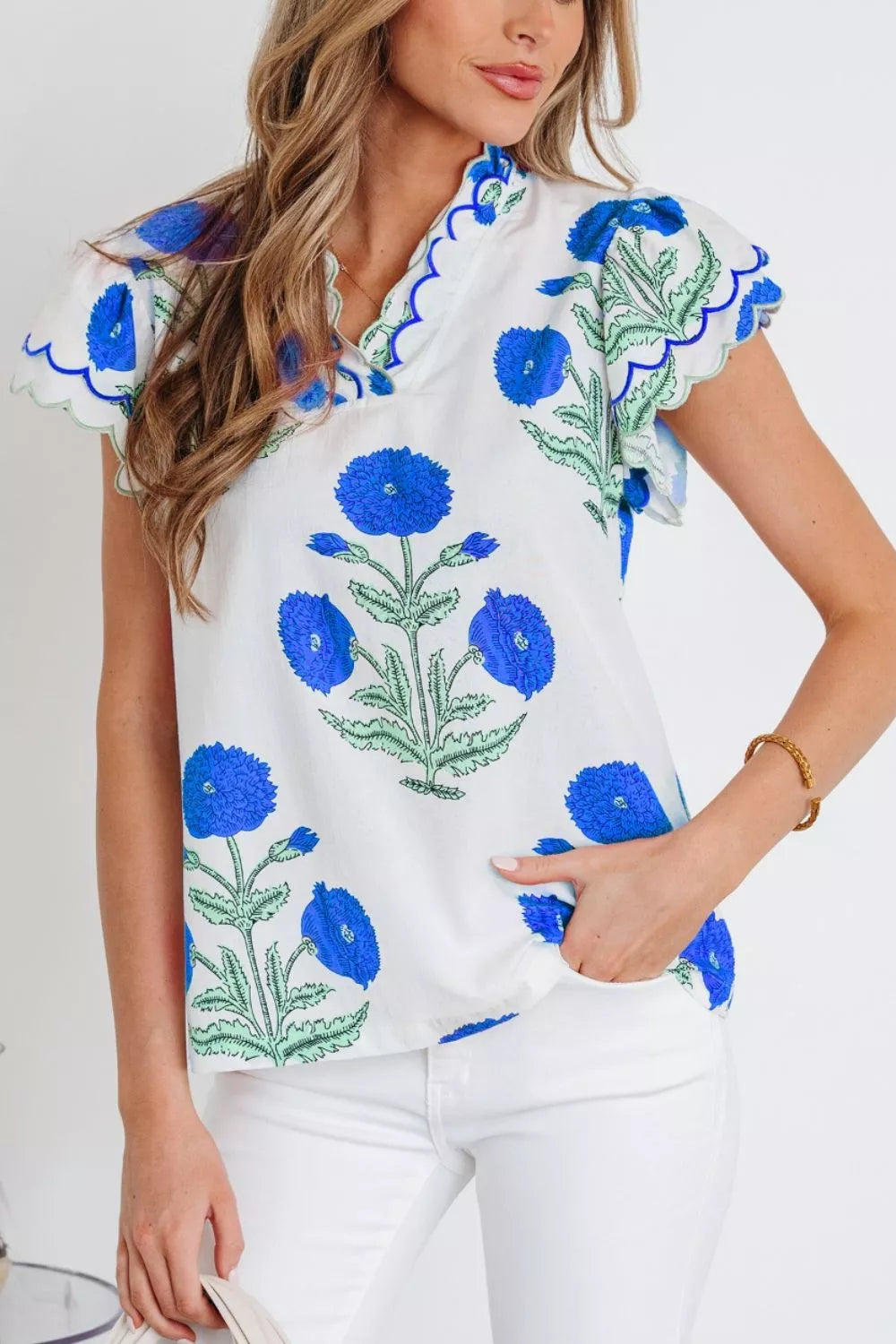 Floral Scallop Trim V Neck Blouse White Pink Green