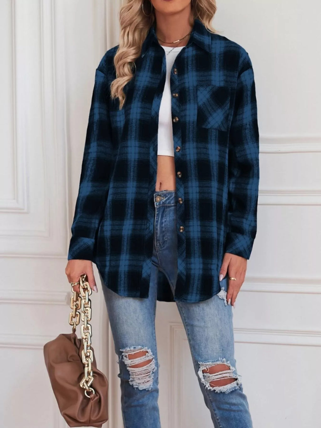 Women's Black and White Plaid Button Up Long Sleeve Shirt