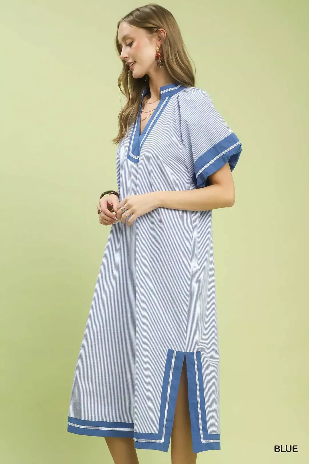 Blue Pinstripe Contrast Trim Midi Dress with Split V-Neck