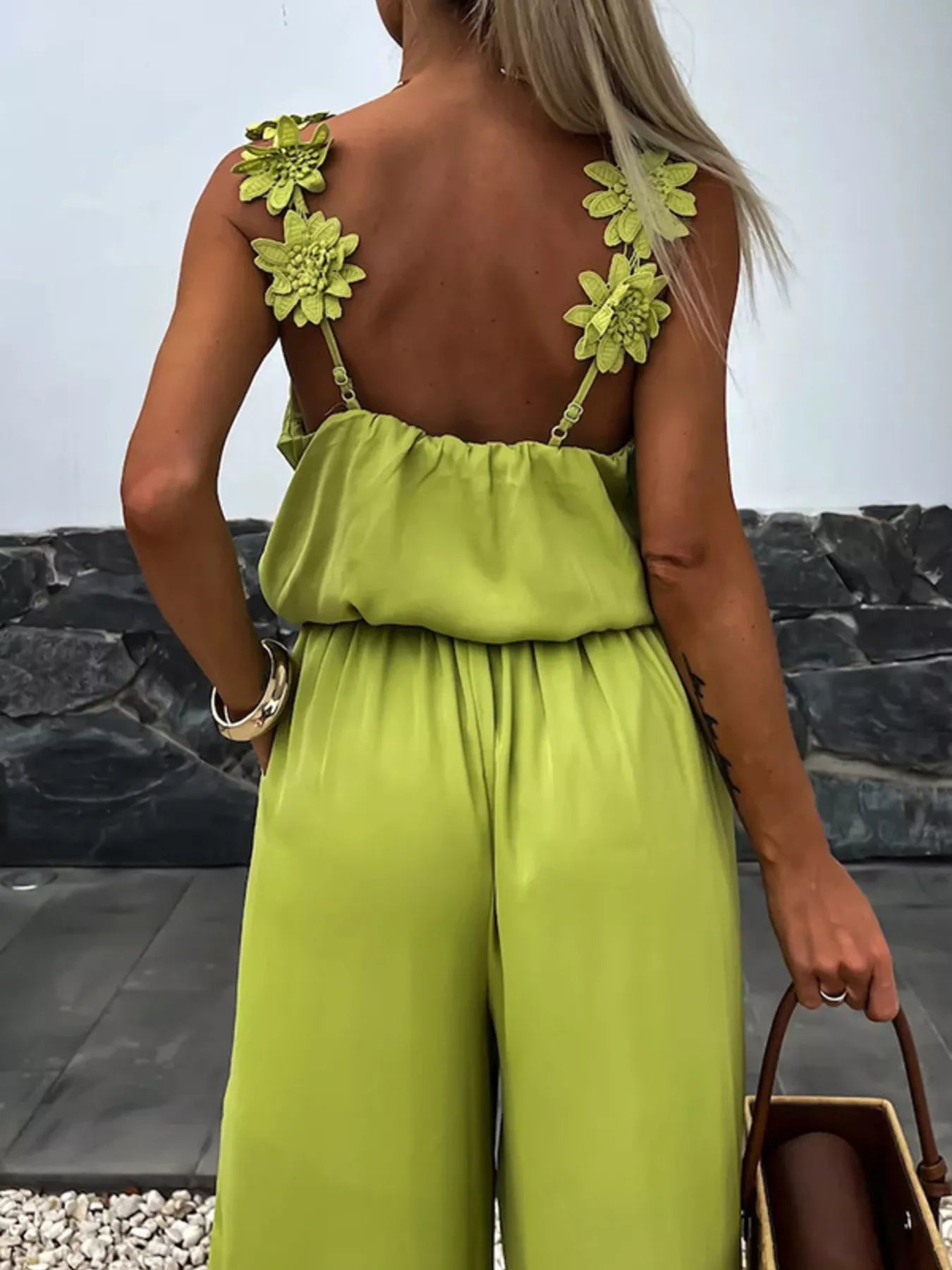 Red Floral Applique V-Neck Sleeveless Wide Leg Jumpsuit