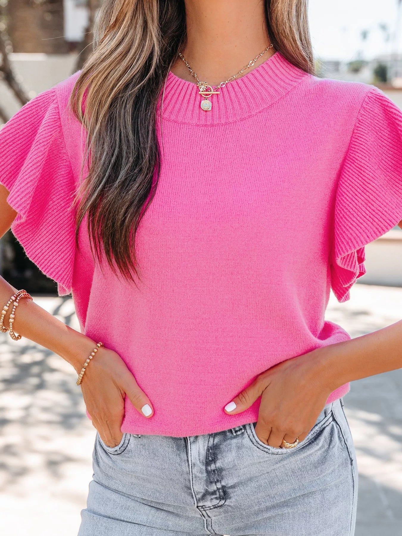 Hot Pink Ruffle Sleeve Round Neck Knit Sweater