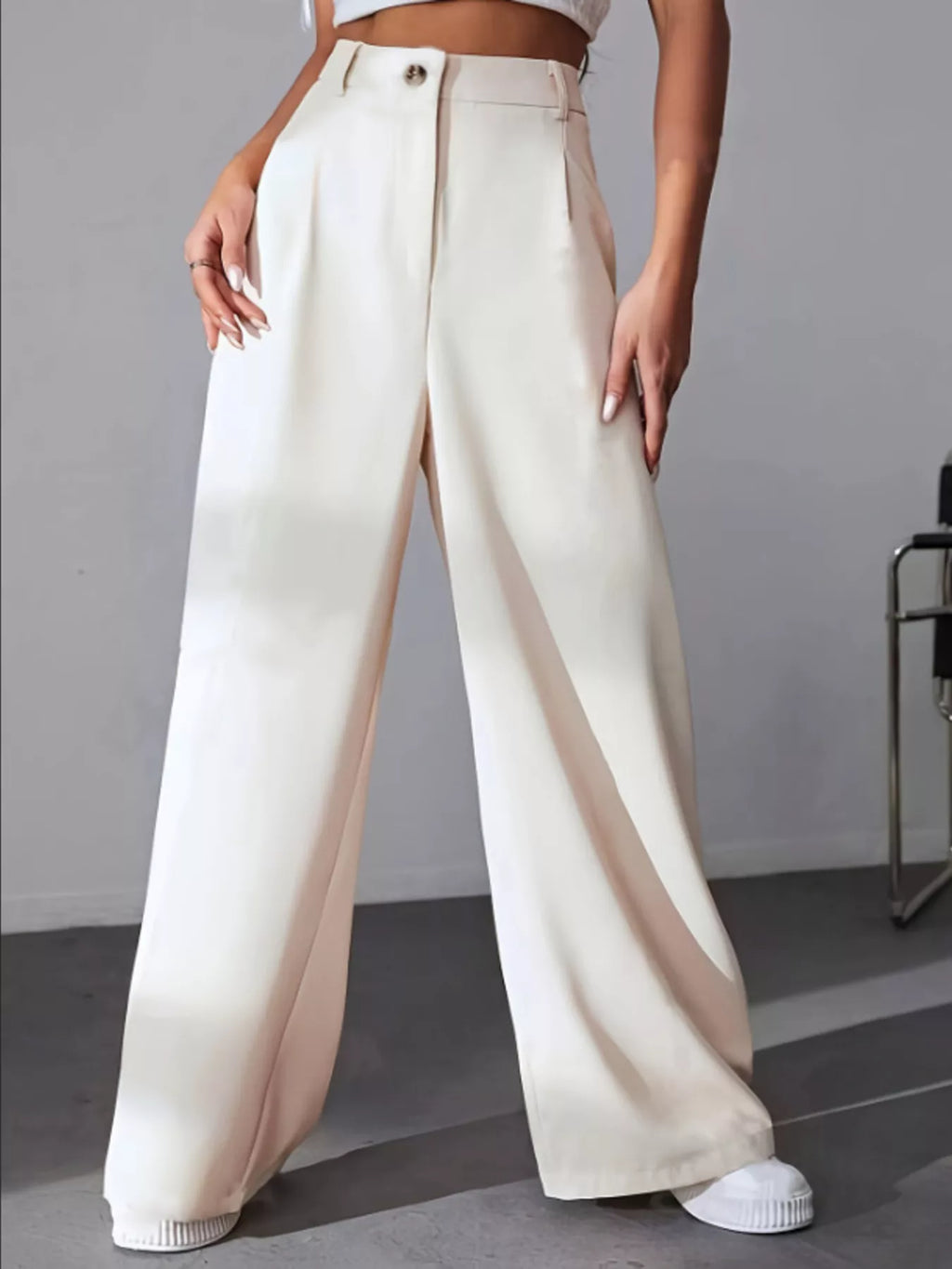 Women's High-Waisted White Pleated Wide Leg Dress Pants