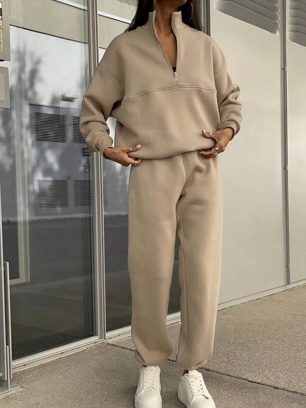 Women's Half Zip Sweatshirt & Pants Set - Grey Knit