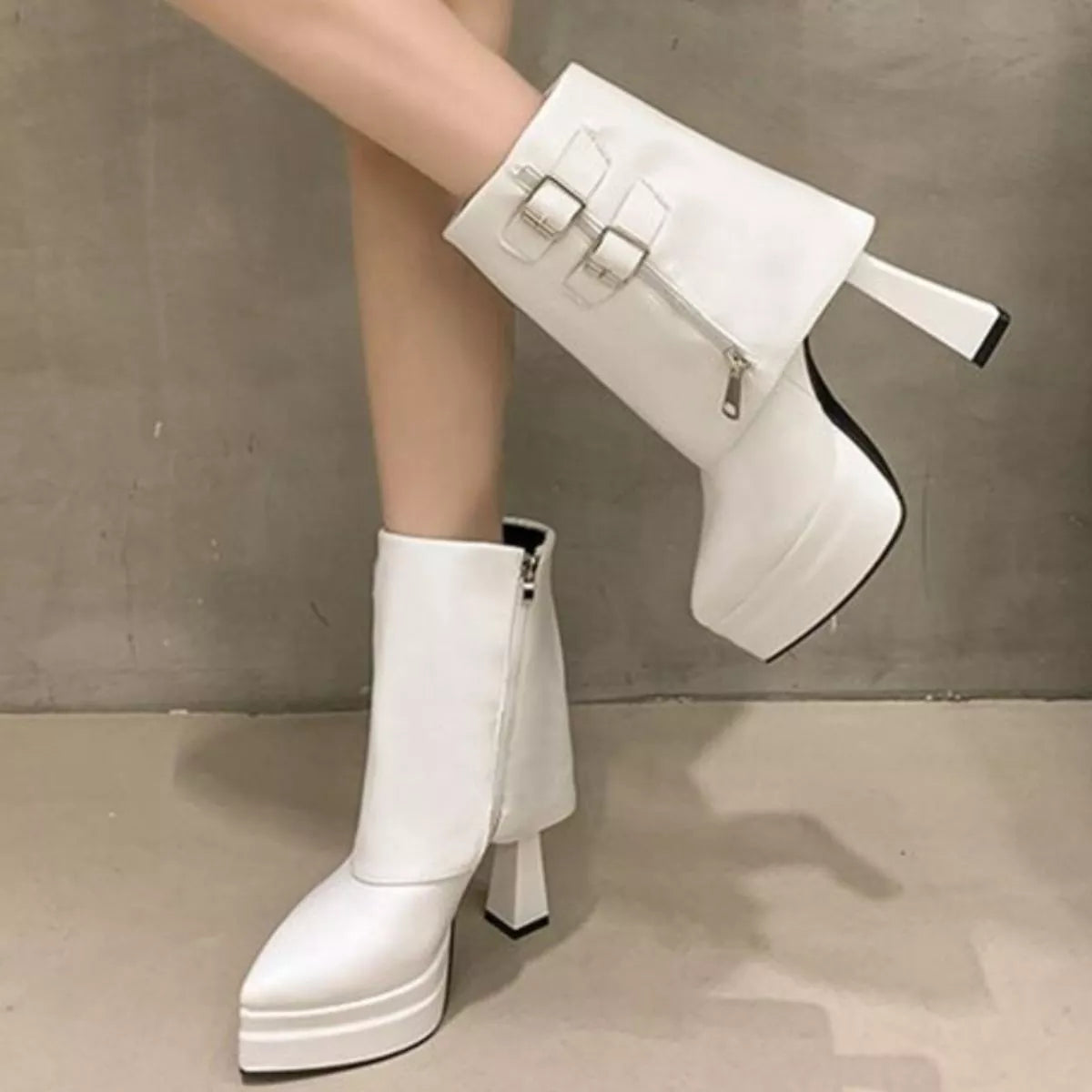 White Point Toe Platform Block Heel Ankle Boots