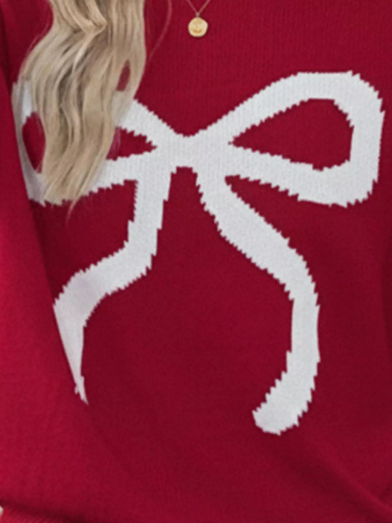 White Round Neck Long Sleeve Bow Print Holiday Sweater