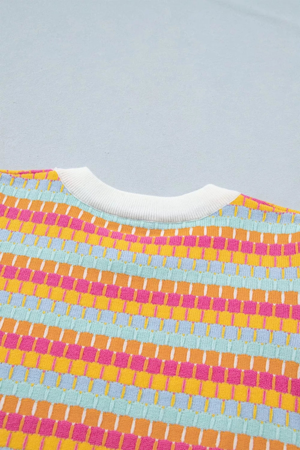 Abstract Striped Knit Short Sleeve Sweater in Multi-Color
