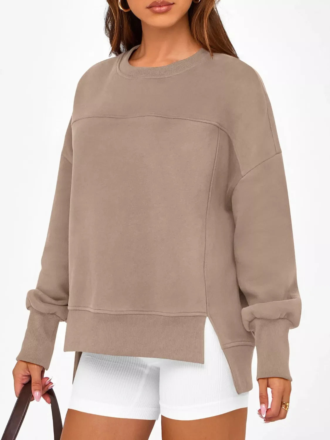Women's Blue Side Slit Pullover Sweatshirt Long Sleeve Top