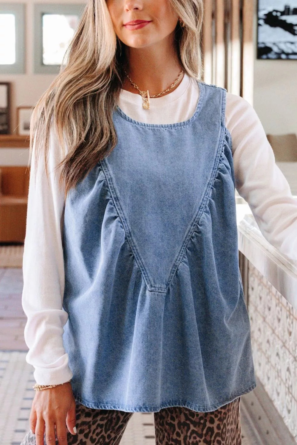 Blue Denim Pleated Patchwork Sleeveless Top for Casual Wear