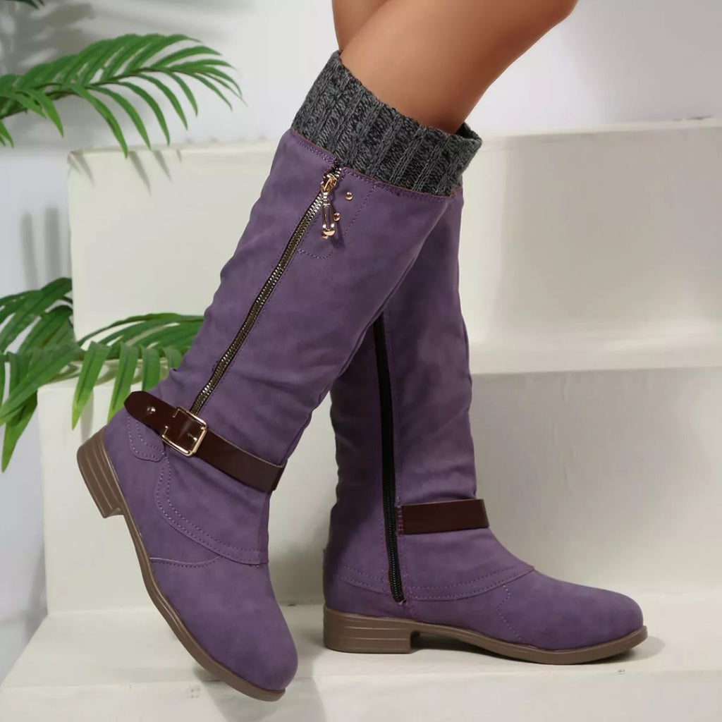 Women Black Suede Mid-Calf Boots with Knit Cuff and Buckle Detail