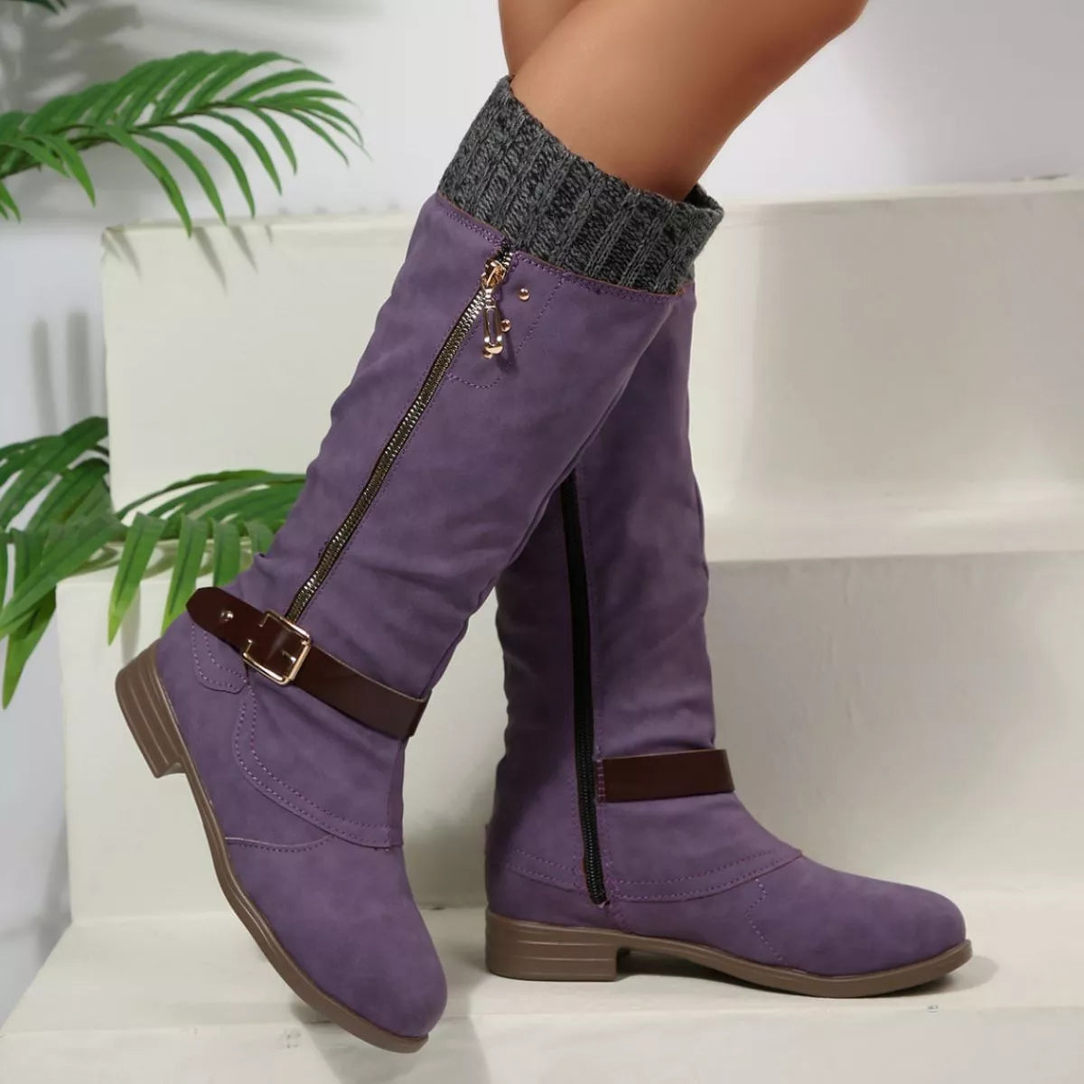 Women Black Suede Mid-Calf Boots with Knit Cuff and Buckle Detail