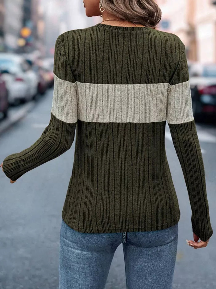Women's Color Block Ribbed Knit Long Sleeve T-Shirt Maroon