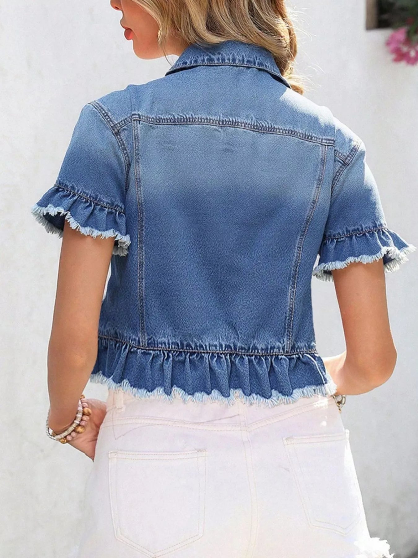 Short Sleeve Denim Jacket with Ruffle Hem and Raw Edges