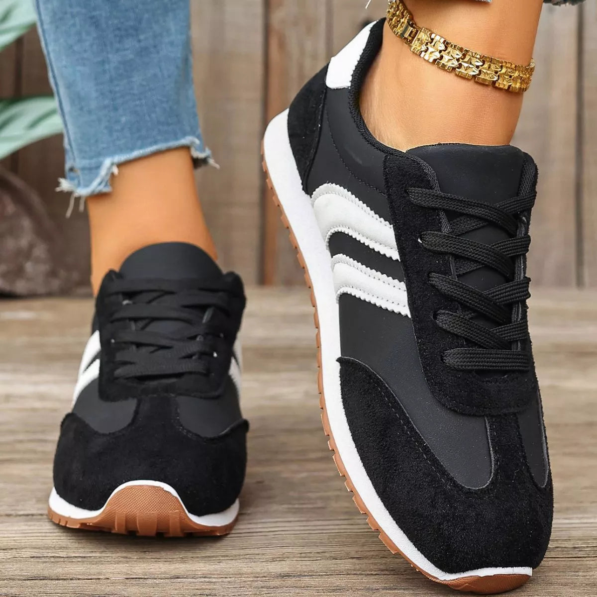 Women's Striped Lace-Up Casual Suede Sneakers Flat Trainers