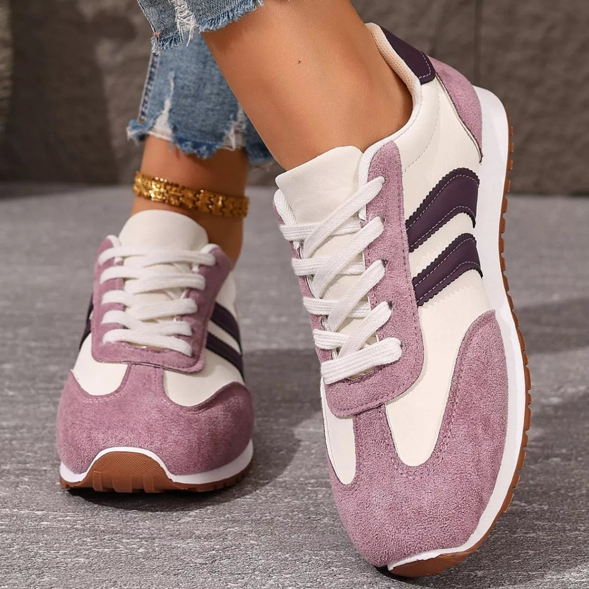 Women's Striped Lace-Up Casual Suede Sneakers Flat Trainers