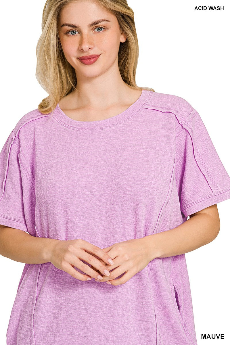 Washed Slub Mini Dress with Pockets - Mauve