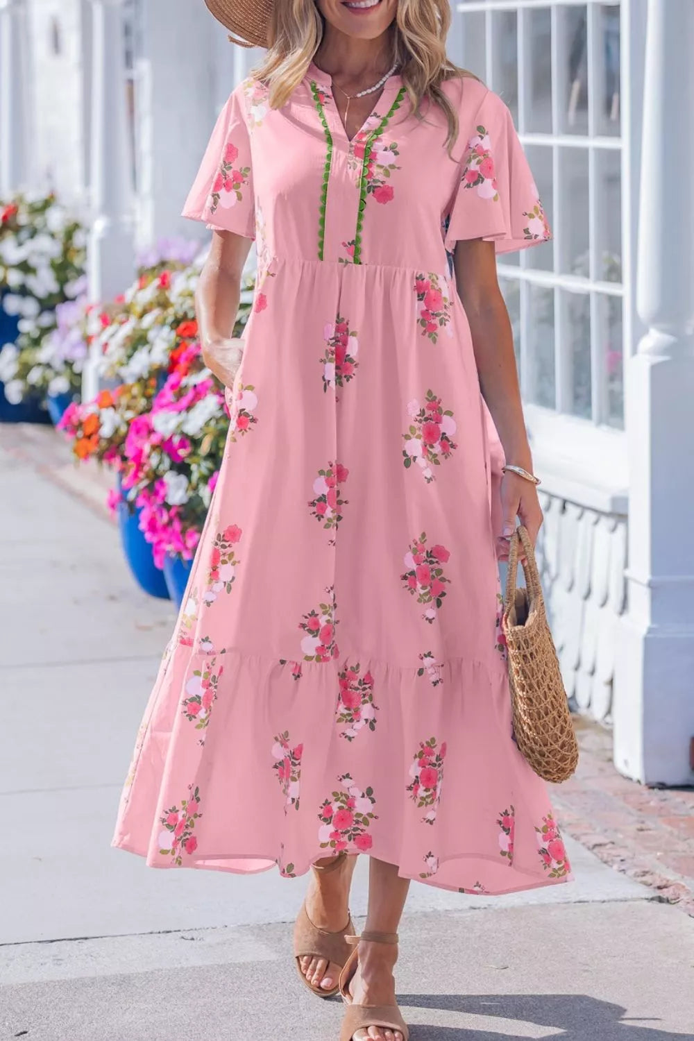 Pink Floral Notched Neck Flutter Sleeve Tiered Midi Dress