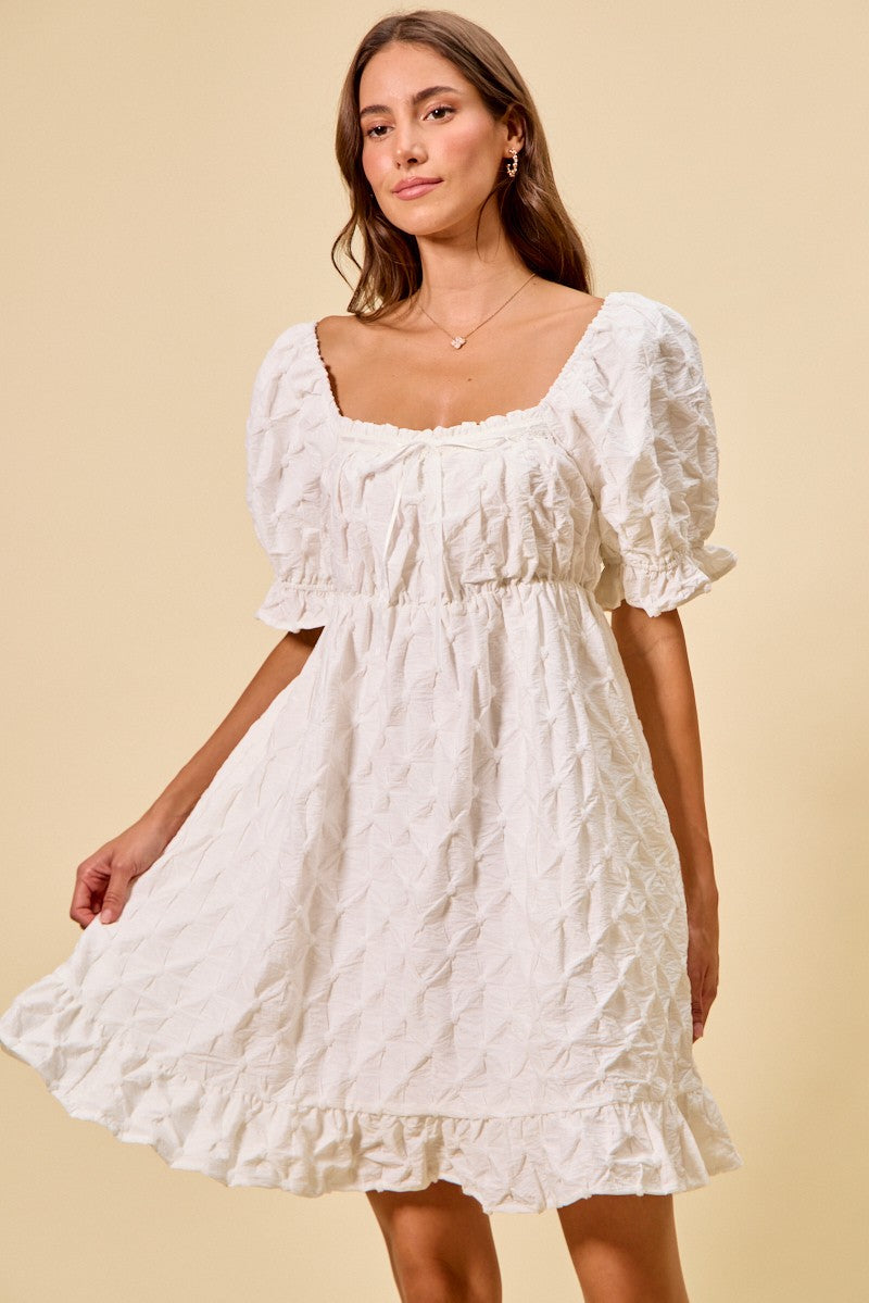 White Ruched Square Neck Mini Dress