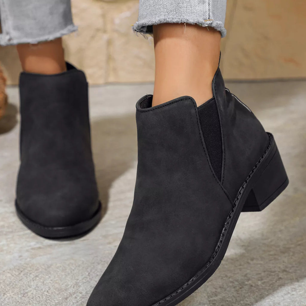Women's Black Point Toe Mid Block Heel Ankle Boots