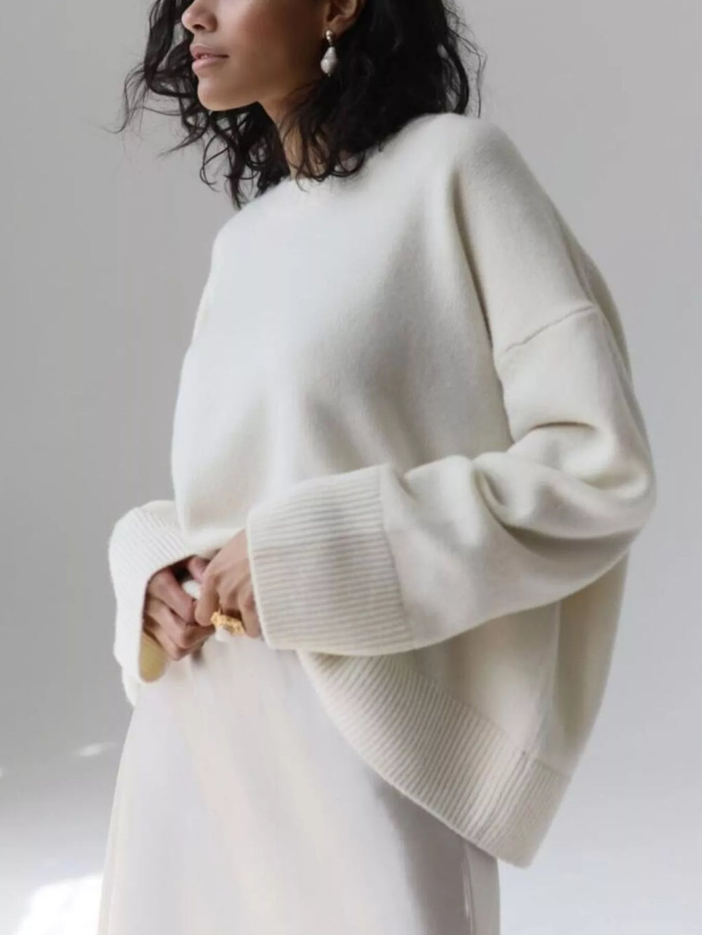 Women's Royal Blue Round Neck Ribbed Hem Long Sleeve Sweater