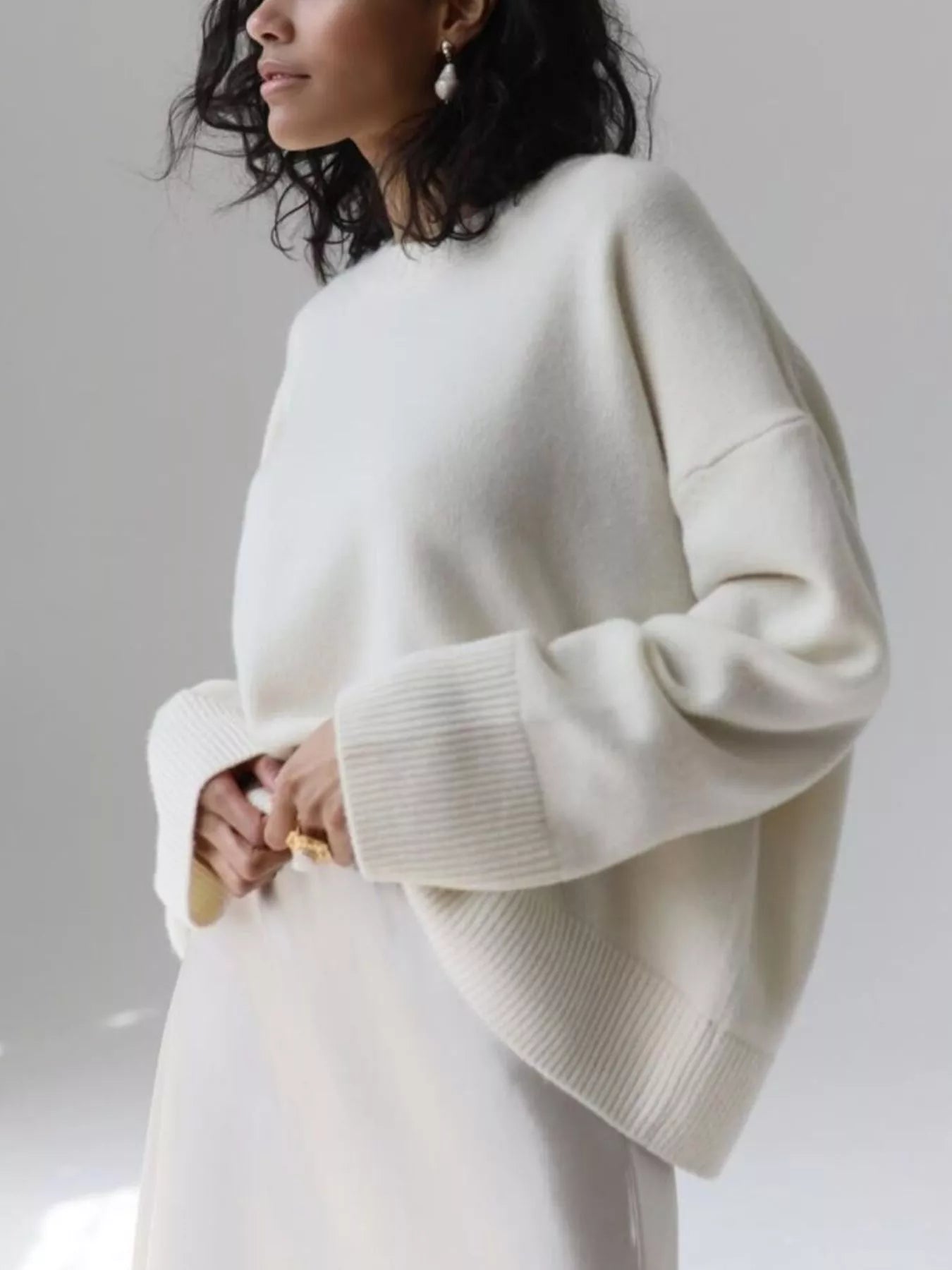 Women's Royal Blue Round Neck Ribbed Hem Long Sleeve Sweater