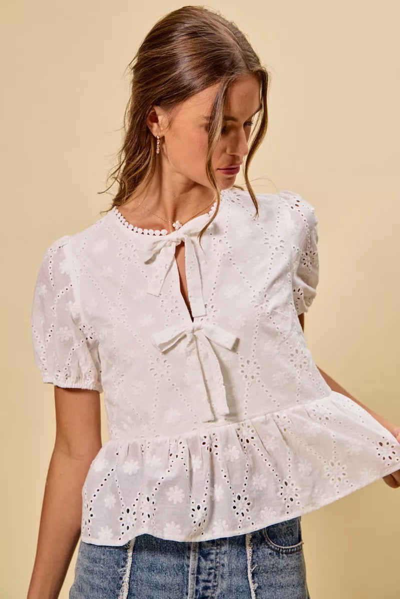 Women's Cotton Eyelet Blouse with Front Tie
