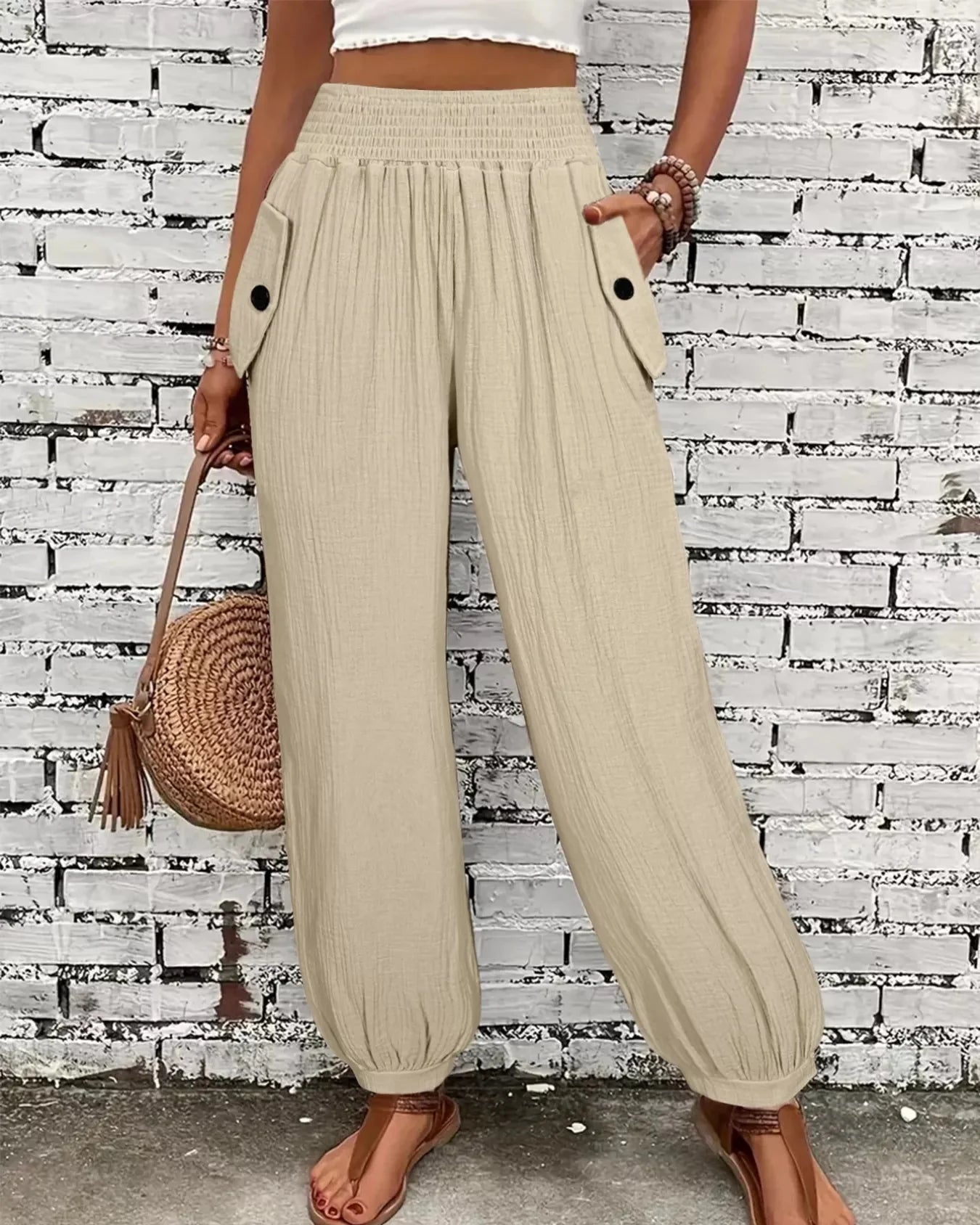 Women's Beige Textured Smocked Waist Casual Pants with Pockets