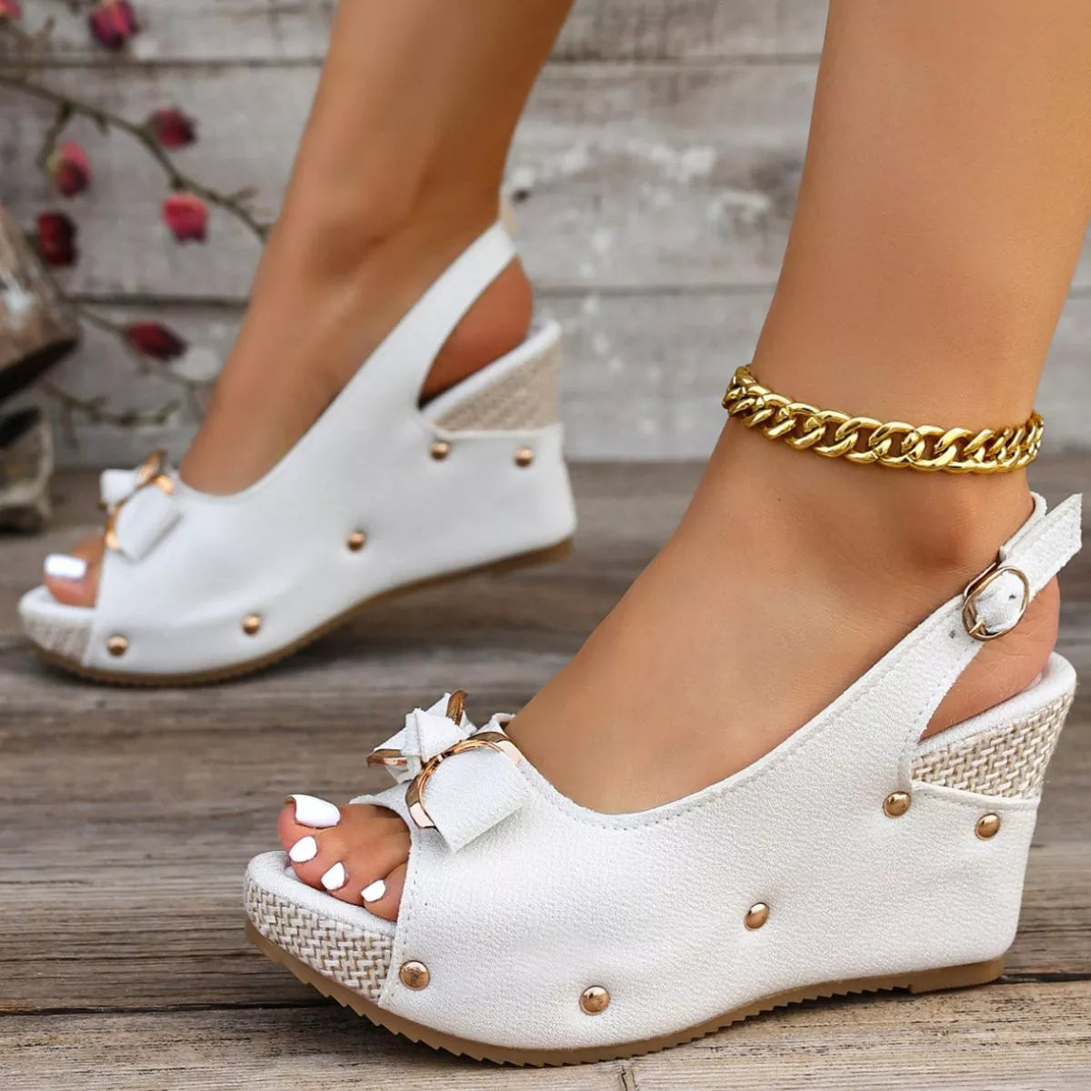 Peep Toe Wedge Sandals with Bow Detail and Slingback Strap