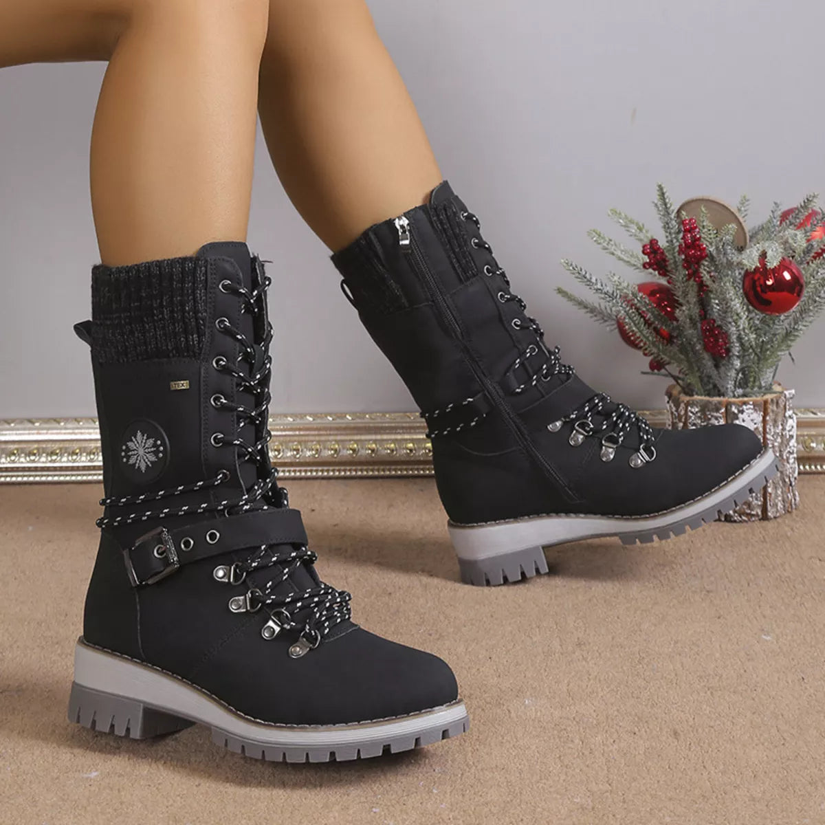 Women's Grey Lace Up Winter Boots with Knit Cuff and Buckle Detail