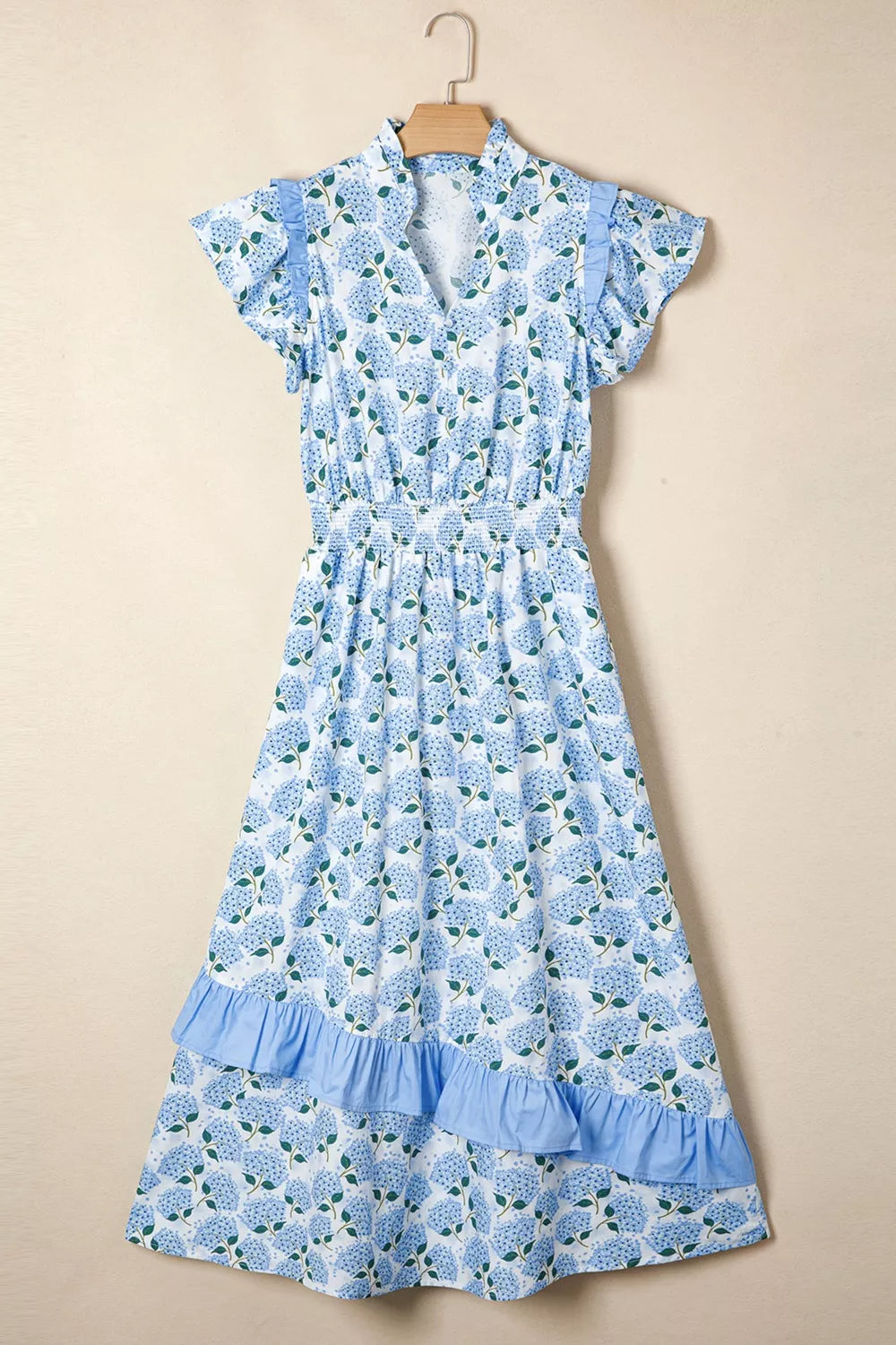 Blue Hydrangea Floral Print Flutter Sleeve Midi Ruffle Dress