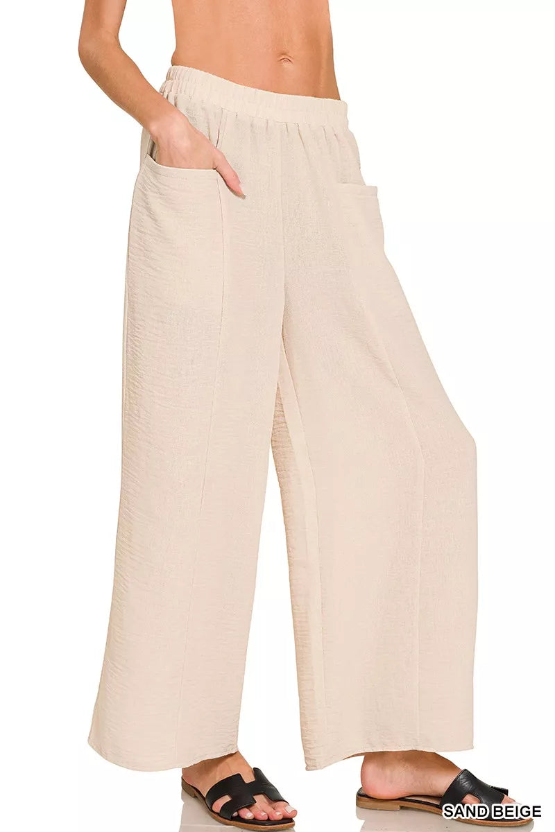 Women's Sand Beige Woven Airflow Wide Leg Elastic Waist Pants