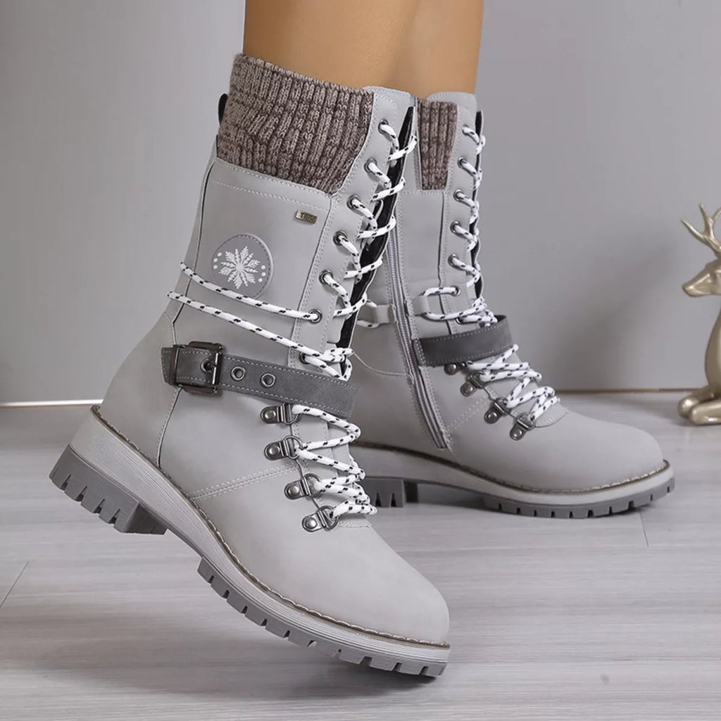 Women's Grey Lace Up Winter Boots with Knit Cuff and Buckle Detail