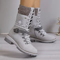 Women's Grey Lace Up Winter Boots with Knit Cuff and Buckle Detail
