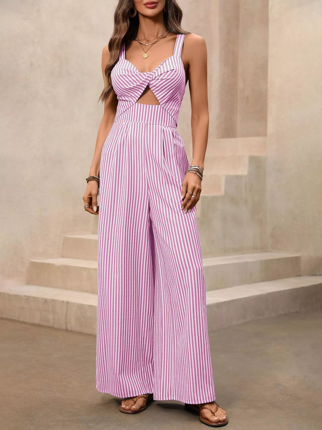 Striped Cutout Twist Front Wide Leg Jumpsuit in Olive Green